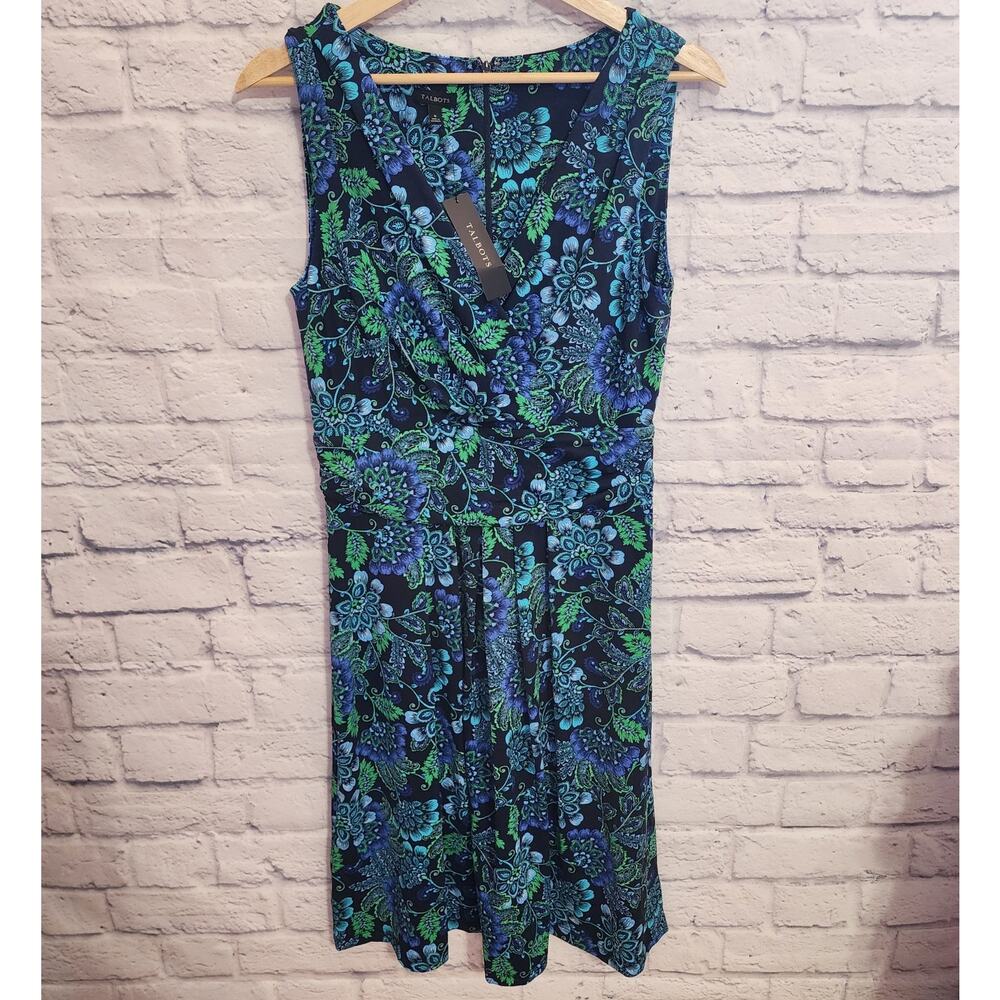 Talbots Dress Women's 6 Blue Green Peacock Feather Print Ruched Dress NWT